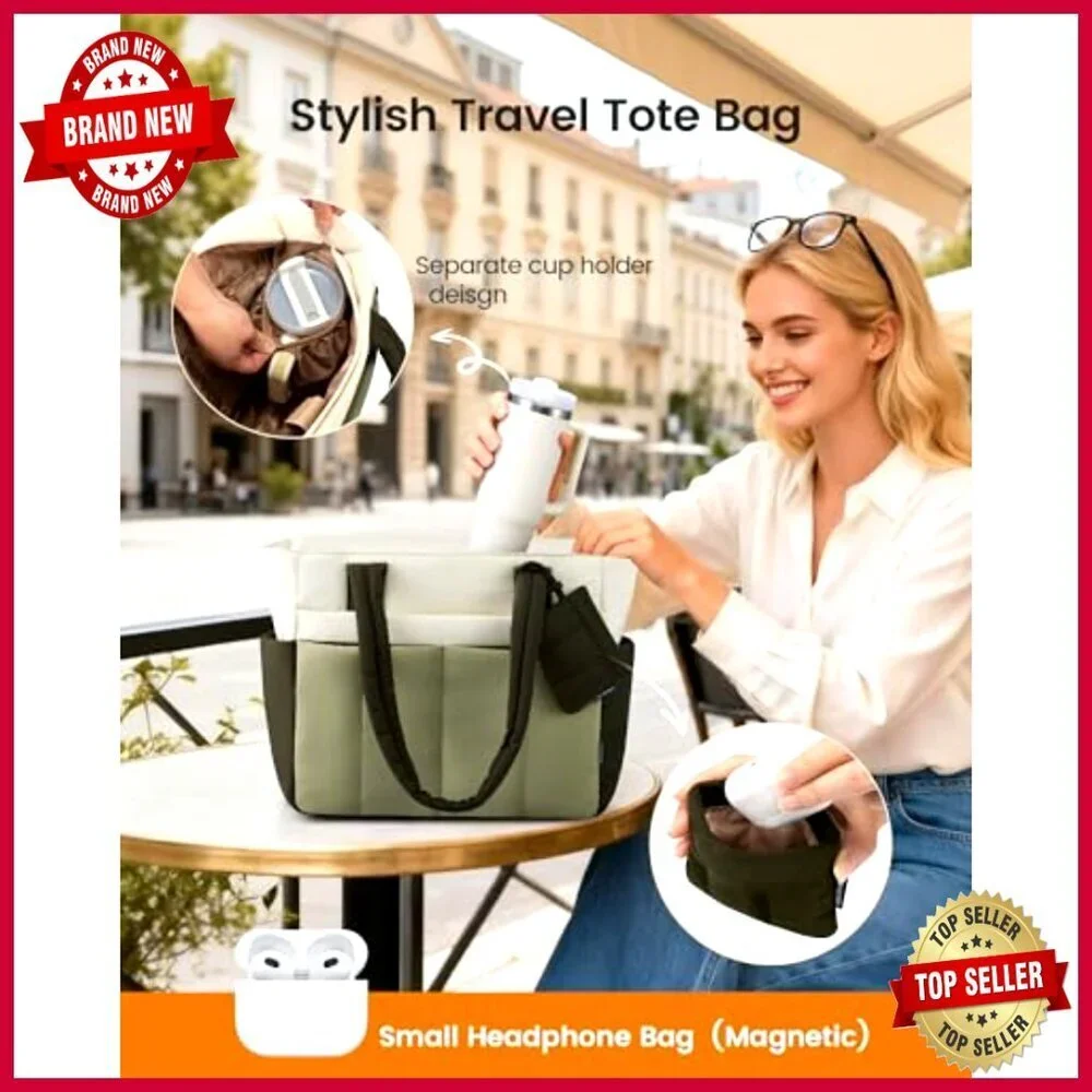 Puffer Tote Bag with Zipper 15.6 Inch Laptop Compartment 14 Pockets